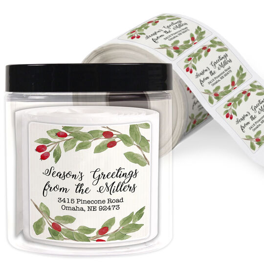 Winter Berries Square Address Labels in a Jar